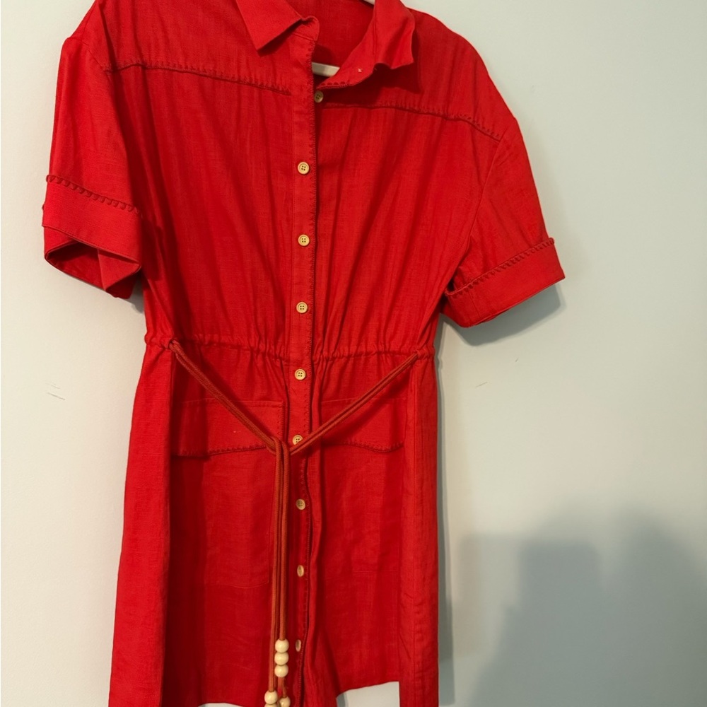Boutique Red Button-Front Shirt Dress with Tie Waist